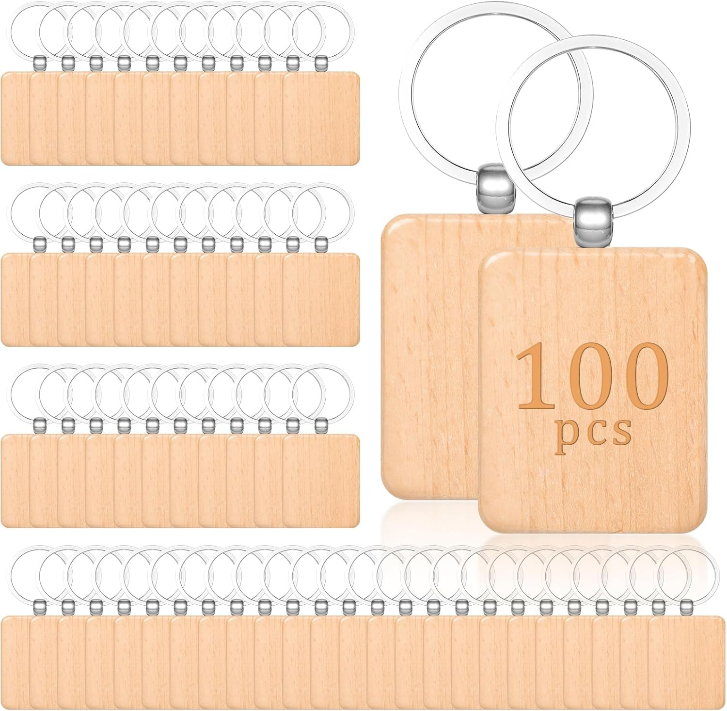 MAQUITA 100 Pcs Wooden Keychain Blanks Wood Key Chains Bulk Laser Engraving Rect