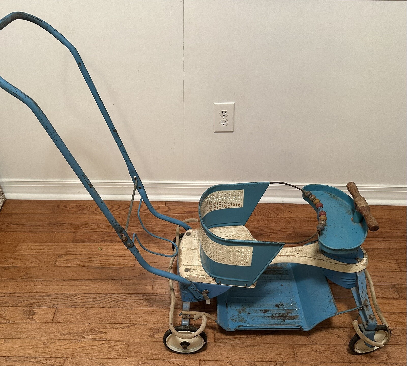 Vintage GENUINE TAYLOR TOT BABY STROLLER WALKER SCOOTER BUGGY Blue White