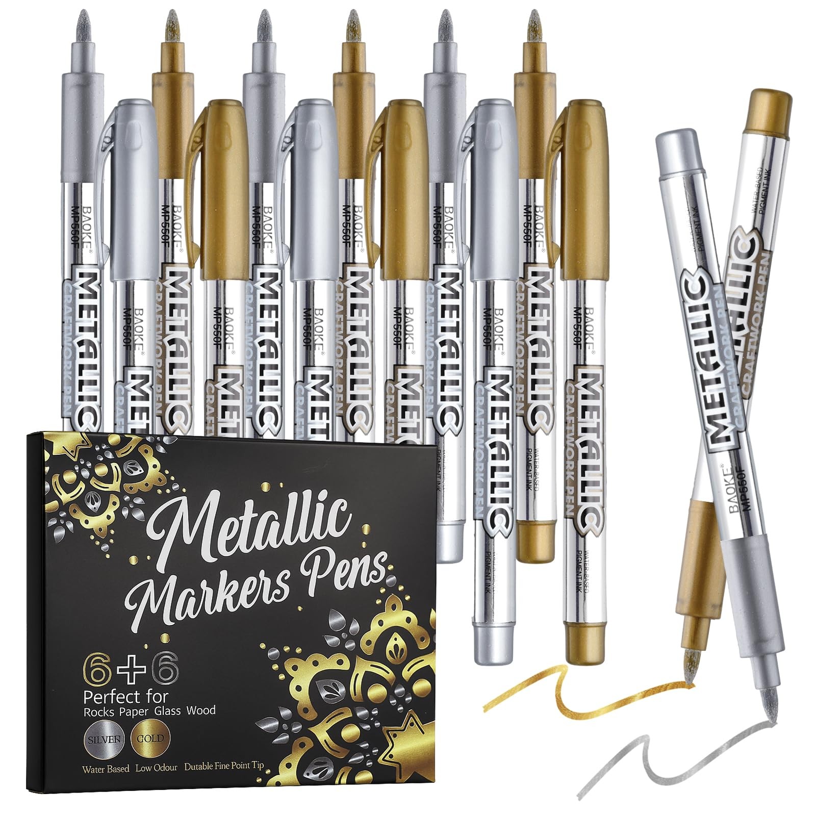 12 Pack Metallic Markers Pens, Water Based Silver & Gold Paint Pens, Gold & Silv