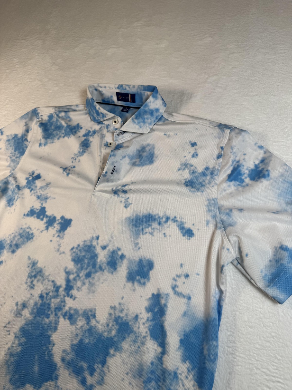 Stitch Golf Polo Shirt Mens Medium White Blue Tie Dye Golf Performance Stretch