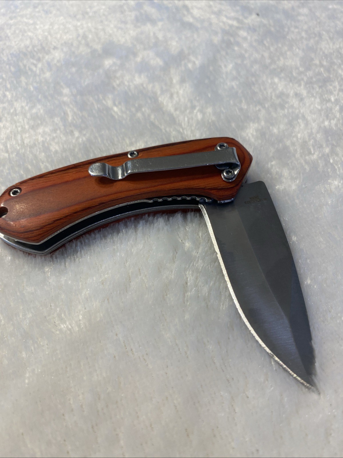 Stainless Blade Folding Knife 3.5" Satin Finish Wood Plastic Handle With Clip