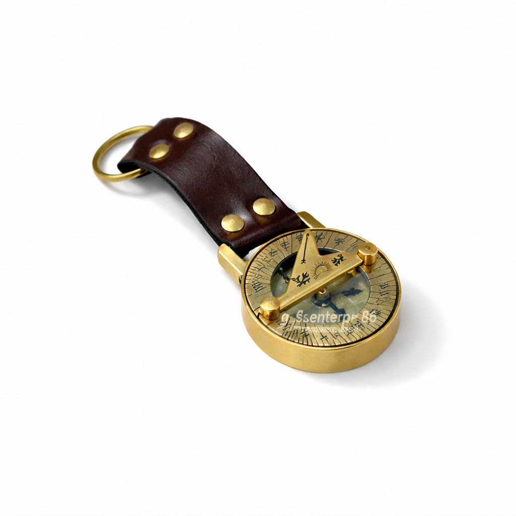 Brass Key Chain Style Sundial Compass Brass with Leather Strap Nautical Vintage
