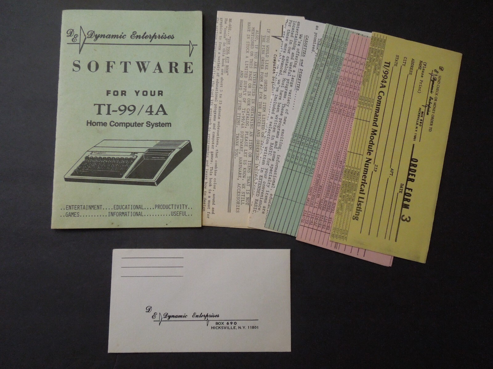 TI-99/4A Home Computer Software Catalog & Order Forms DE Dynamic Enterprises
