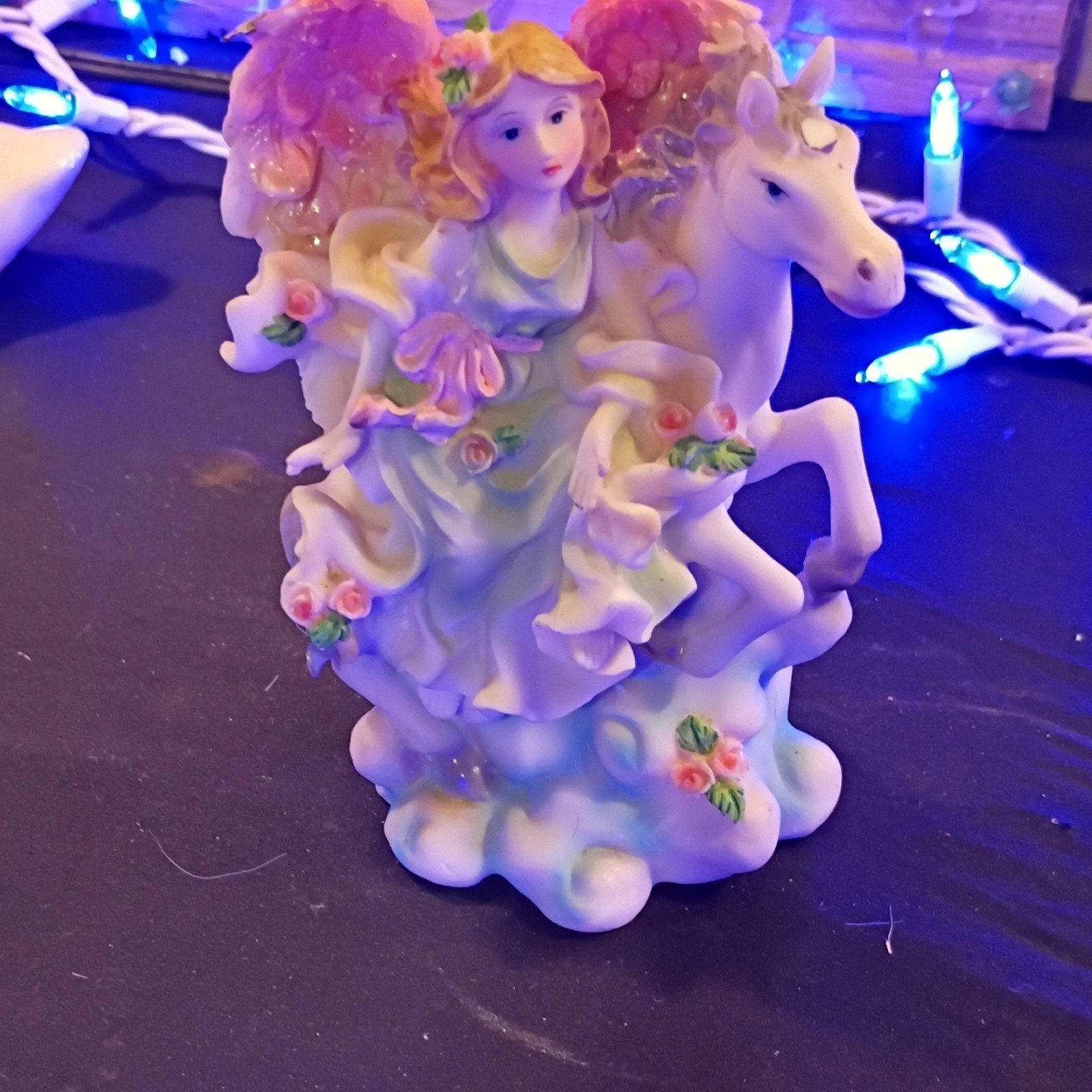 Fantasy Fairy Figurine Riding Unicorn with Pink Wings and Flowers Collectible