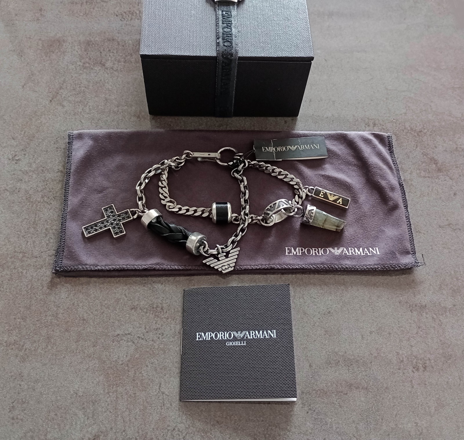 Emporio Armani Charm Bracelet Sterling Silver 925 Horn, Cross and Armani Eagle