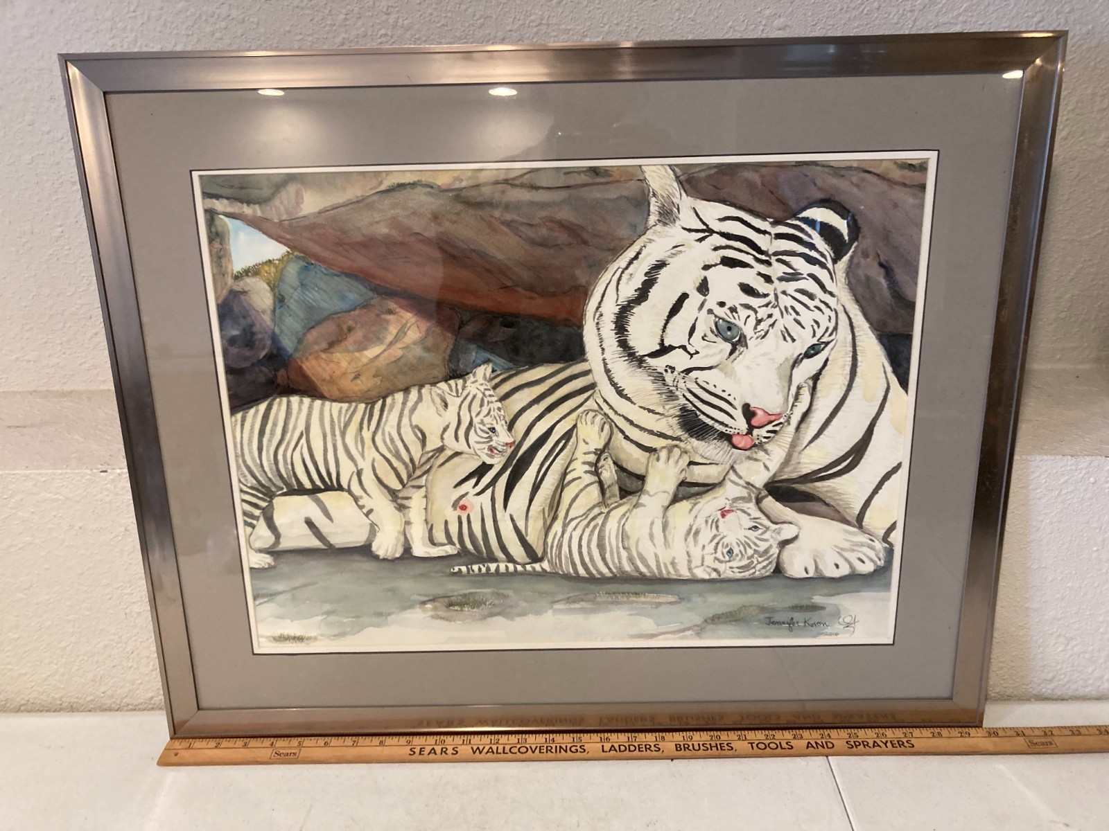 WHITE BENGAL TIGER PICTURE  SAFARI ANIMAL Watercolor MATTED Print FRAMED J. Kwon