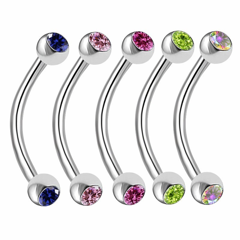 1pcs Double Gem Piercing Curved Barbell Stainless Steel Tongue or Eyebrow Ring