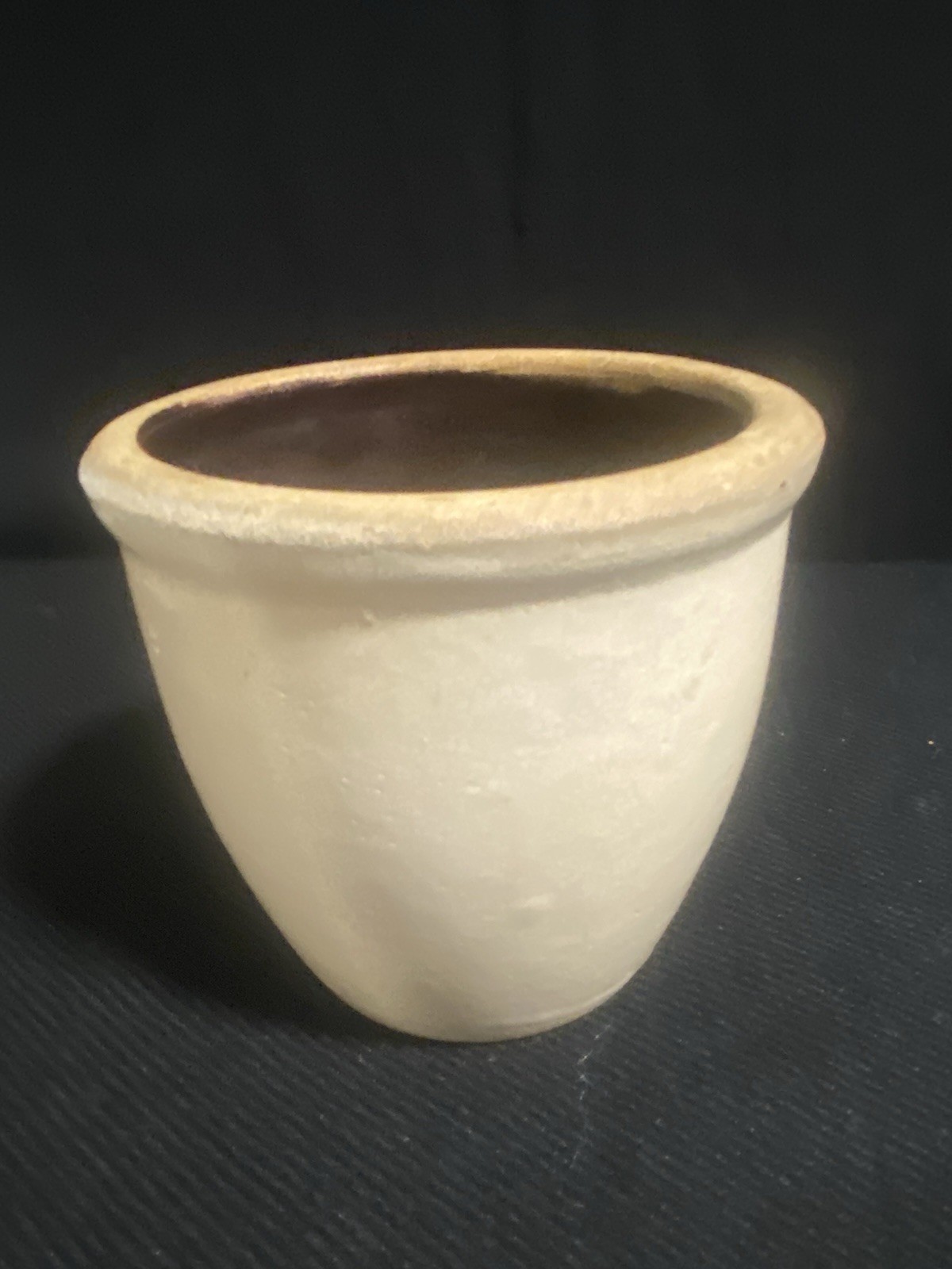 Antique Small Beige Stoneware Crock/Jar With Brown Glaze Interior