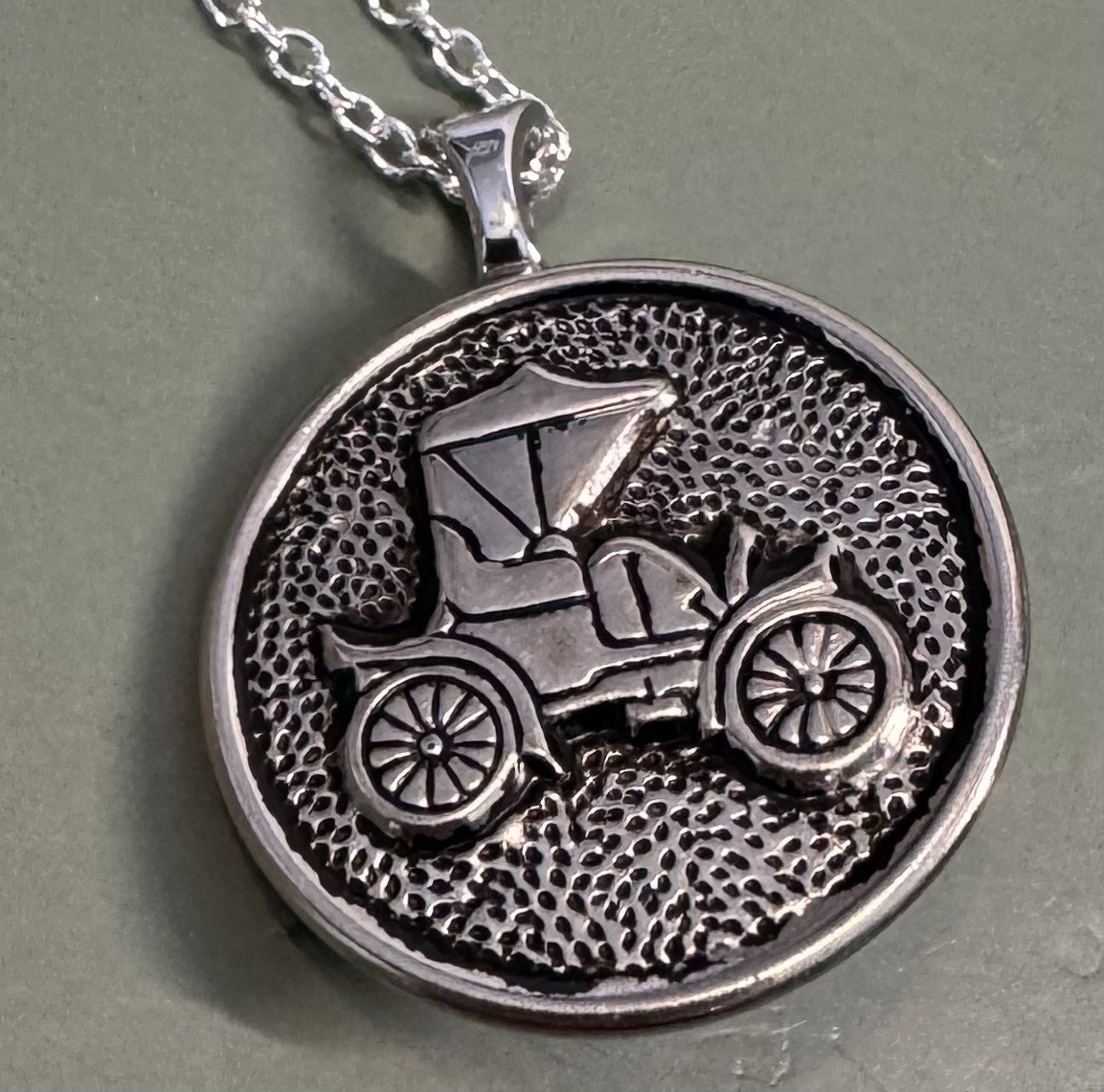 Vintage Silvertone Model T Round Button Pendant On Silver Plated Necklace