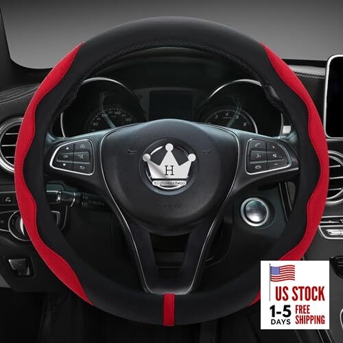 Luxury Suede Steering Wheel Standard Size[14.75-15.15"](37.5-38.5cm) Red+Black