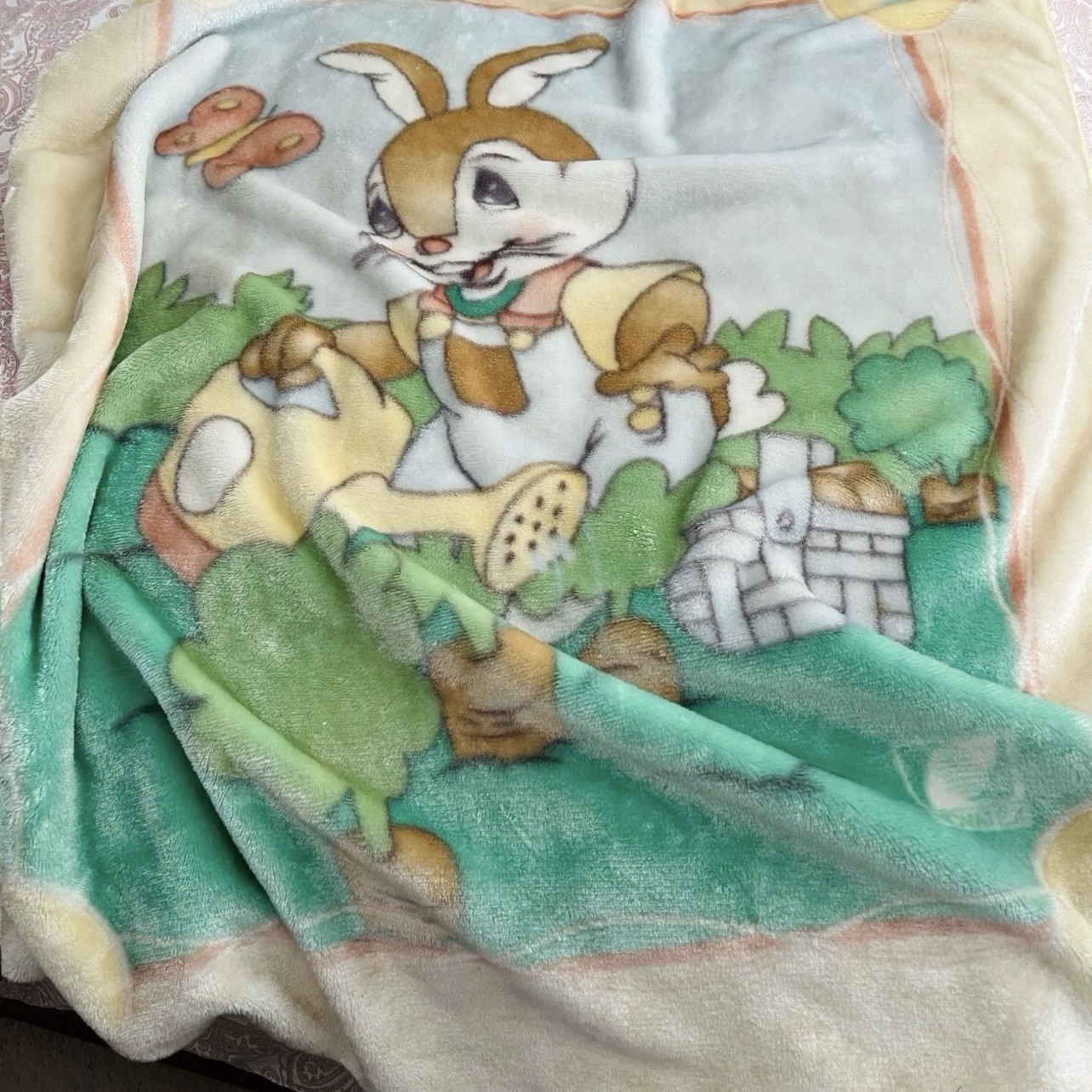 Vintage Novatex Baby Blanket Plush Soft Bunny Rabbit Butterfly Garden RARE