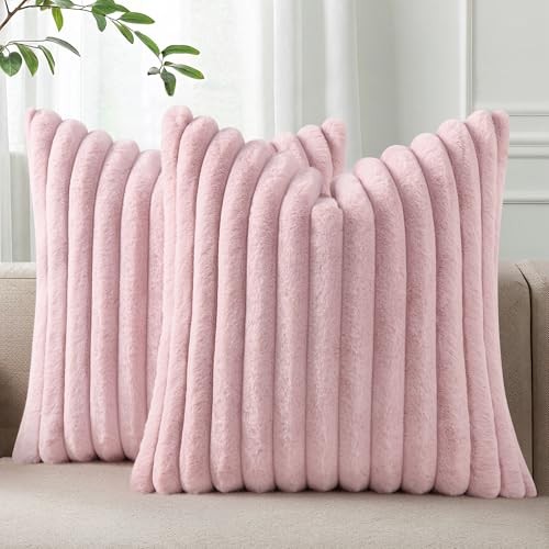  Faux Fur Plush Throw Pillow Covers 18x18 Set 18" x 18" (Pack of 2) Blush Pink