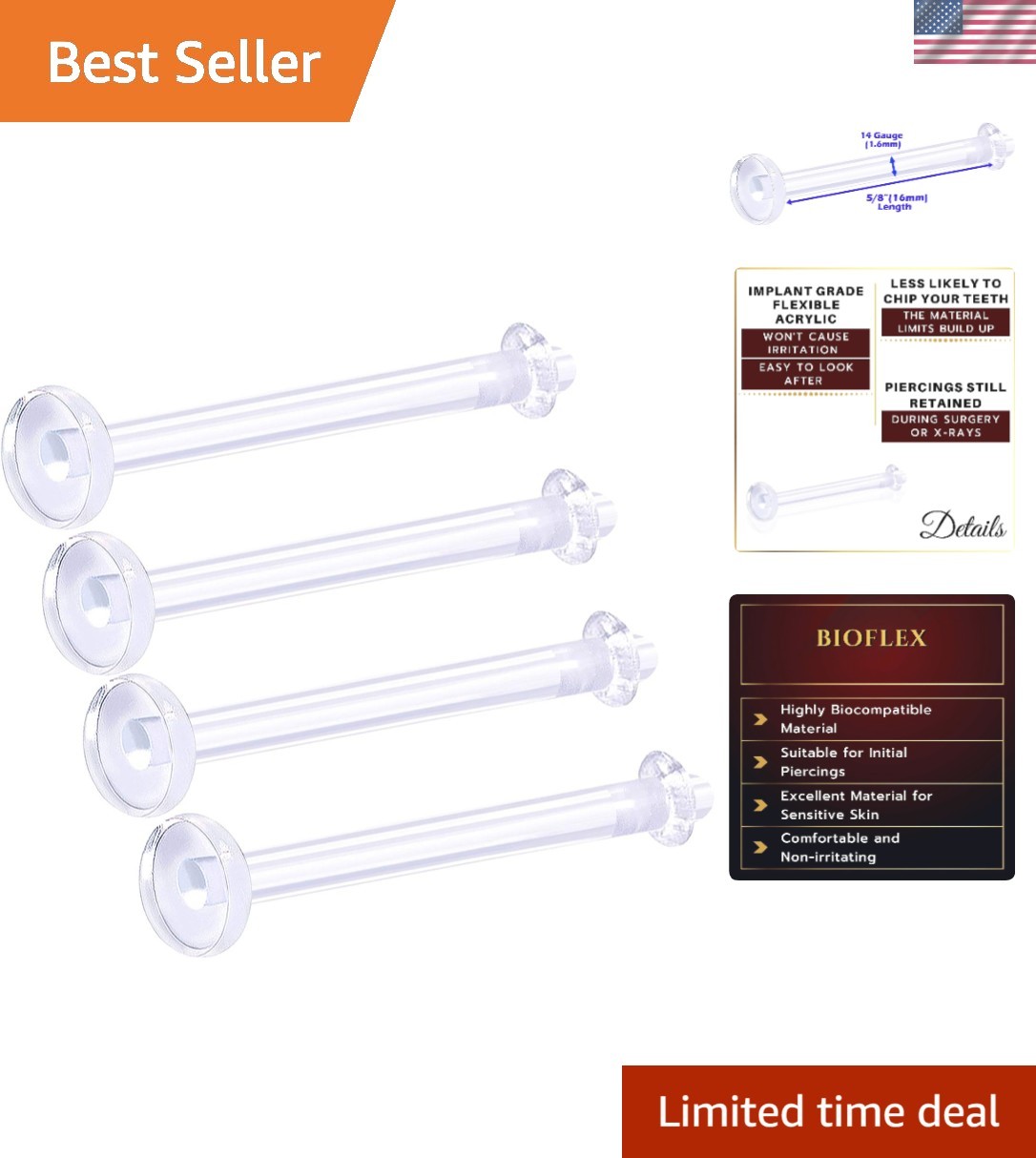 4Pcs Retainer Flexible Acrylic Clear 14 gauge 5/8 16mm Barbell Tongue Rings P...