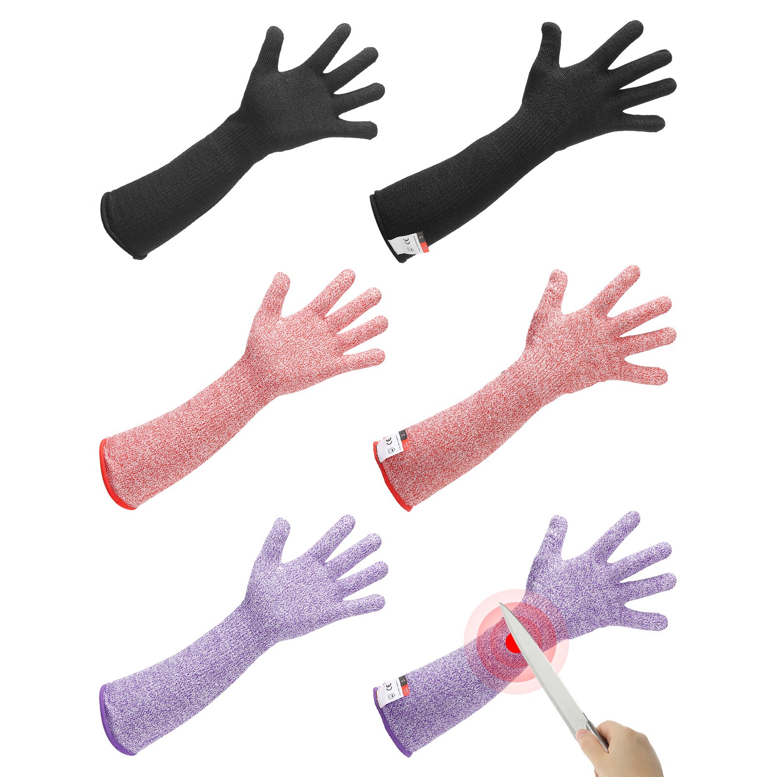 3 Pair 19 Inch Cut Resistant Sleeves with Gloves Arm Sleeve, Black-Red-Purple