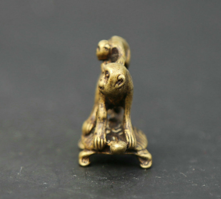 Chinese Bronze Animal TWo Monkey Tortoise Shou Turtle Small Statue