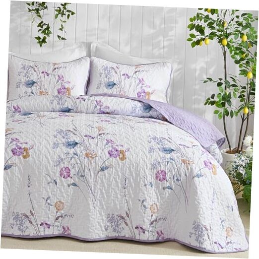 3 Pieces Quilt Set Size Floral Botanical Plants Pattern Bedspread Queen Purple