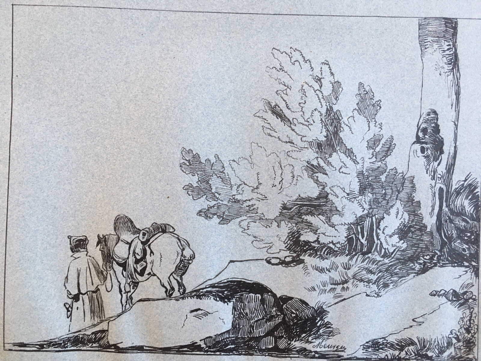 Very Beautiful Large Original Ink Drawing 1850 Signed Horse