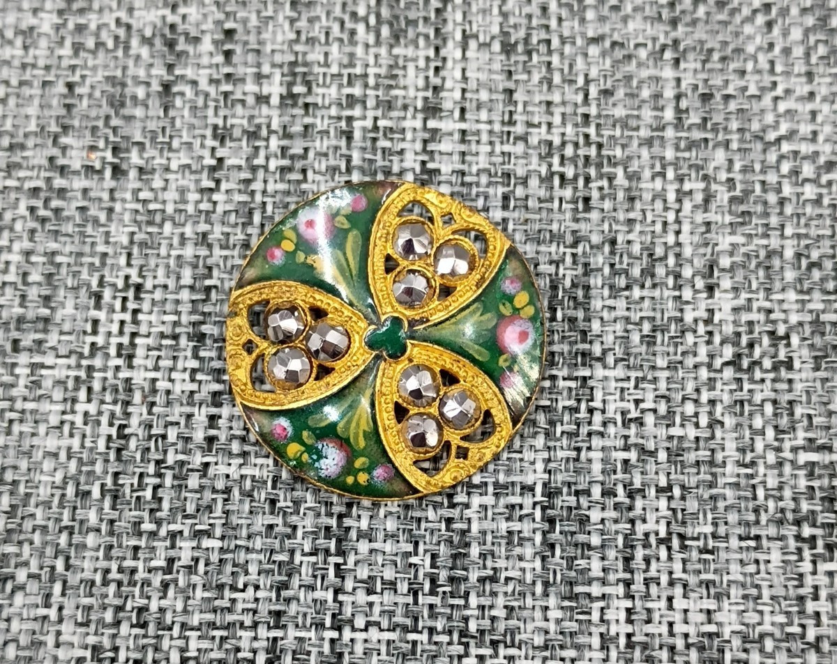 Antique Enamel & Steel Cut Hand Painted Button Flowers Victorian Green Pink Gold