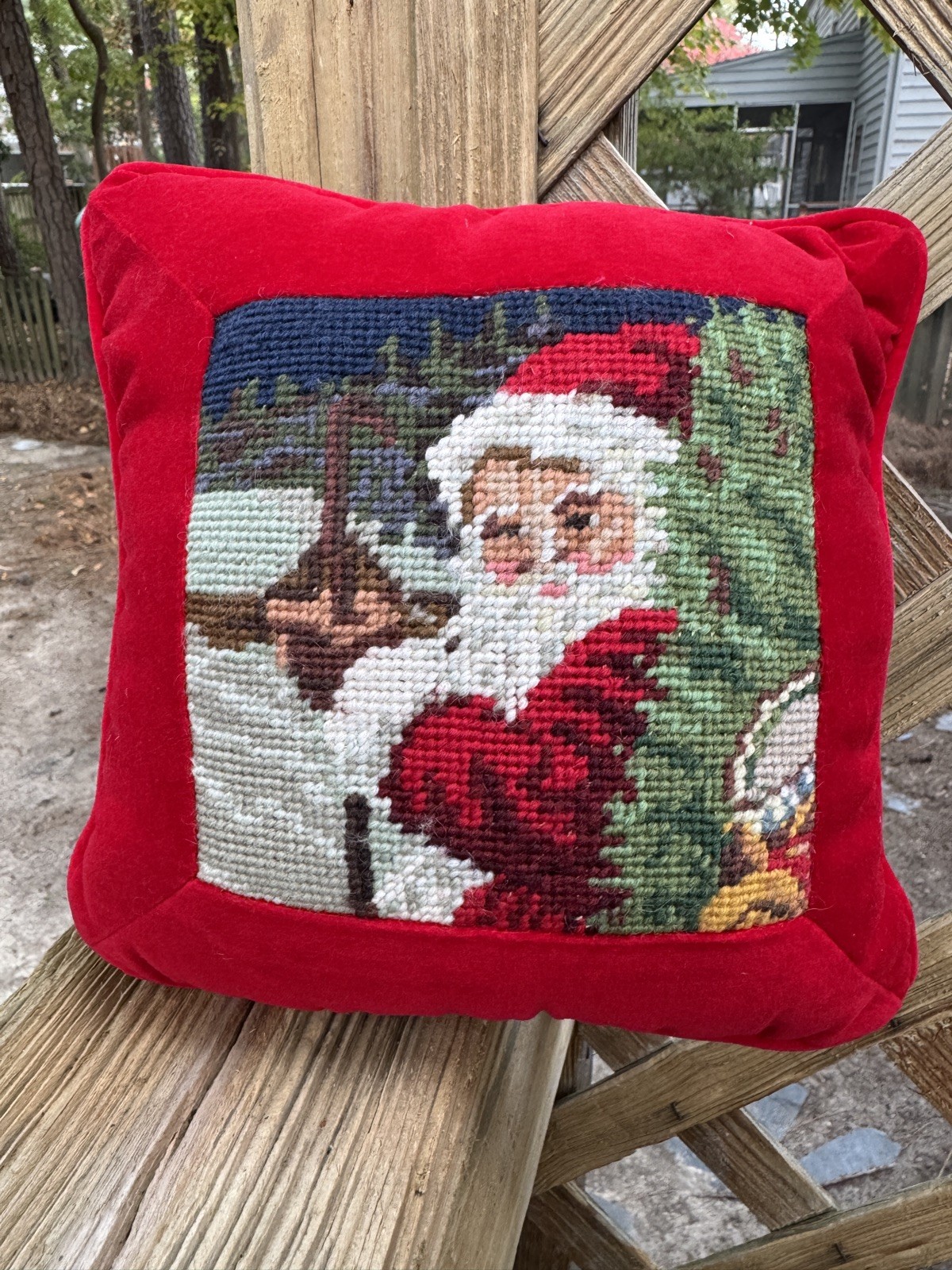 Vintage Wool Needlepoint Santa on Red Velvet Sm Decorative Pillow Christmas