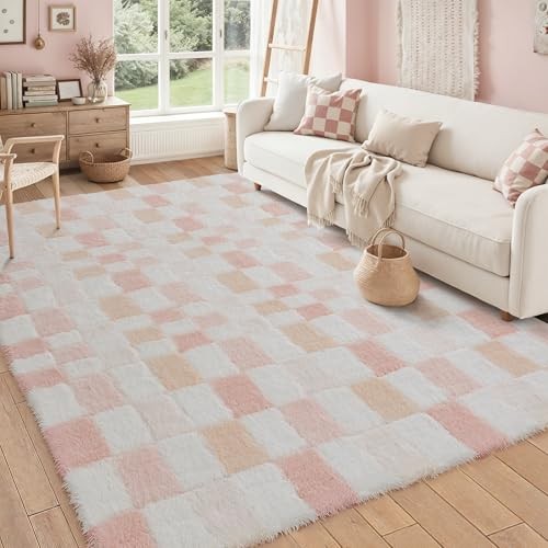 9x12 Pink Area Rug Fluffy Shag Checkered Living Room Throw Carpet Washable Non 