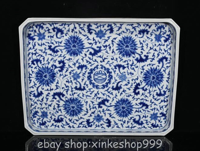 16.8" Marked Chinese Blue White Porcelain Lotus flower Tea Tray disc
