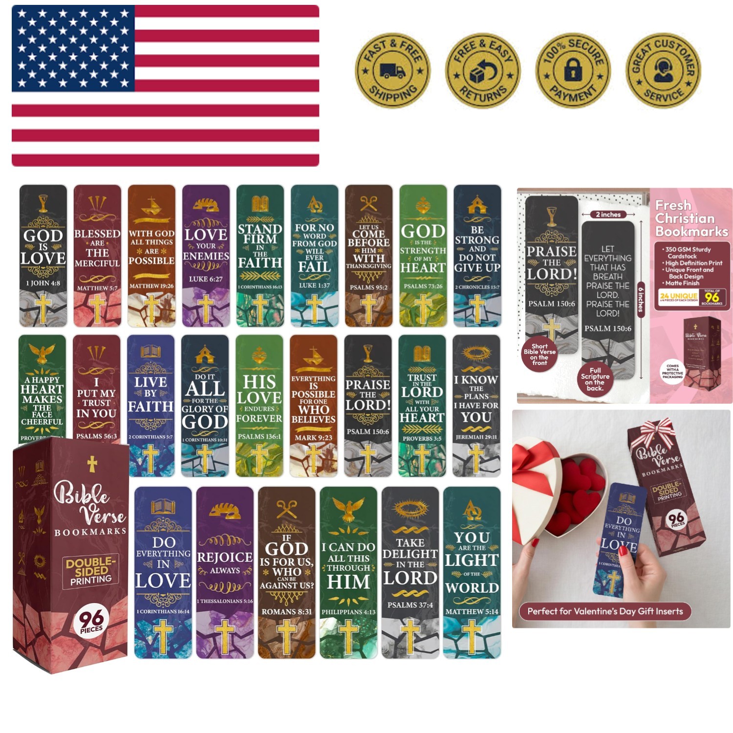 96 Bible Bookmark Pack with Bible Verses – Multiple Designs – Inspirational C...