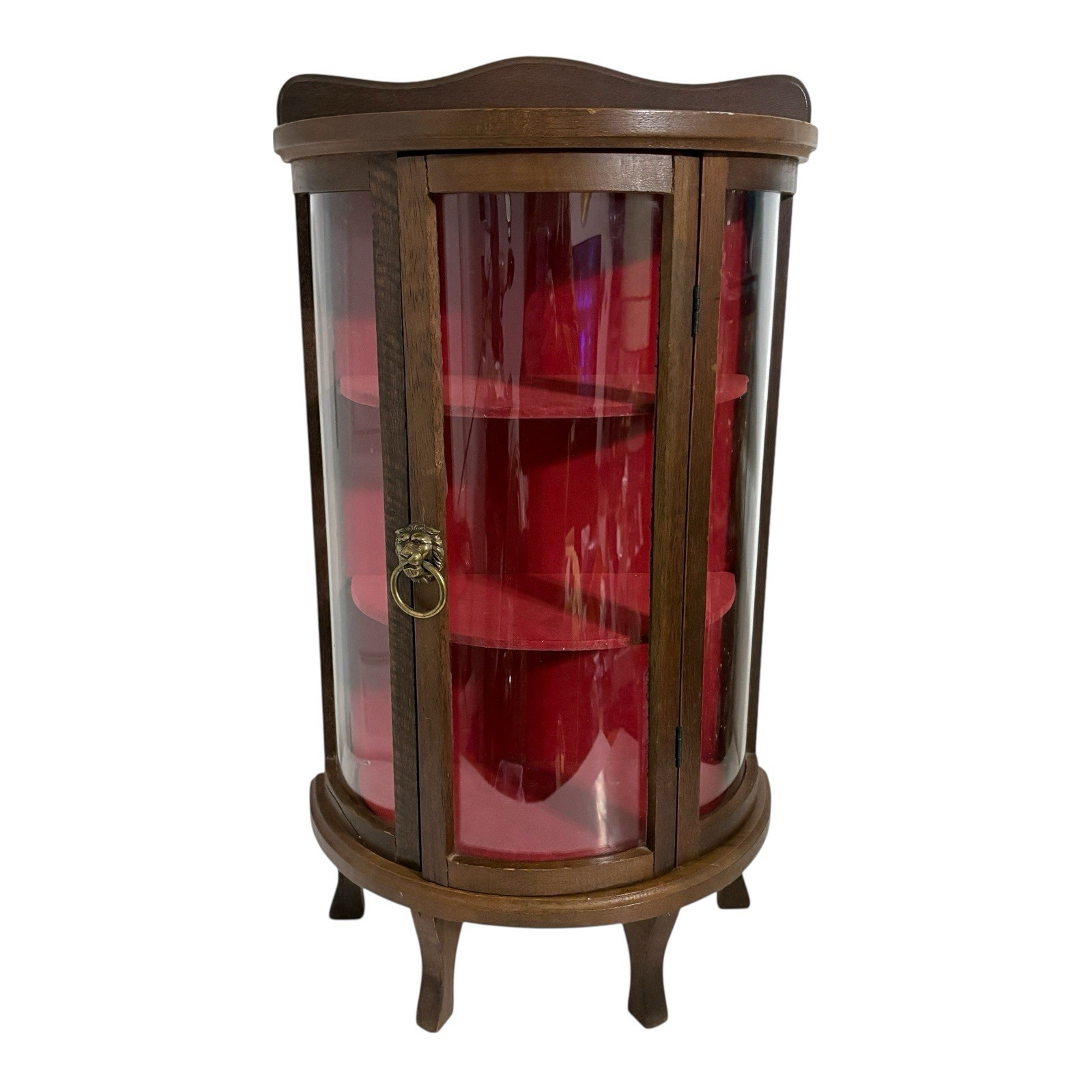 Vintage Curved Glass Mini Wood Curio Cabinet 23 in Tall Lion Head Door Pull