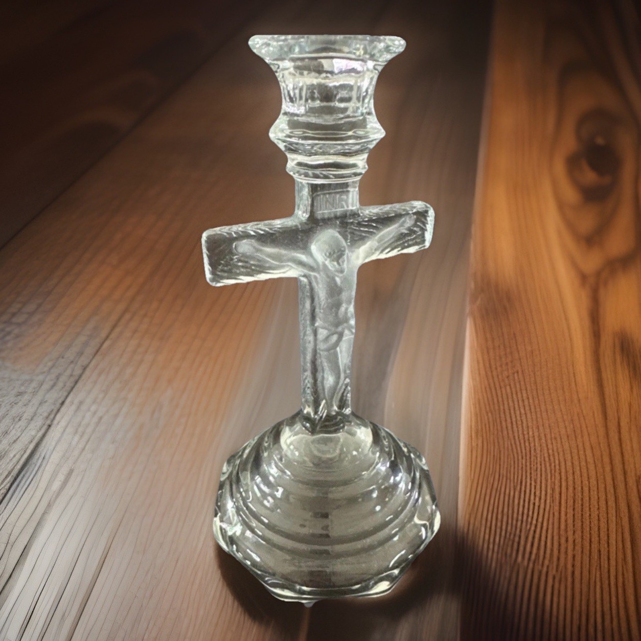 VTG Glass Crucifix Candlestick Frosted Jesus Cross Religious Easter 7.5”