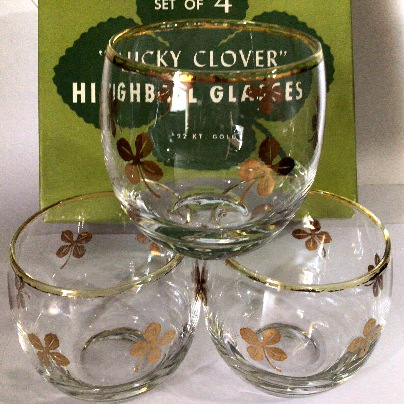 FEDERAL GLASS LUCKY CLOVER HIGHBALL GLASSES SET OF 3 ORIGINAL BOX RETRO