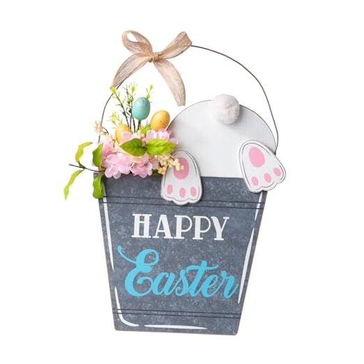  Easter Wooden Bucket Shaped Bunny Wall Hanging Art Sign Decor, 18"H 