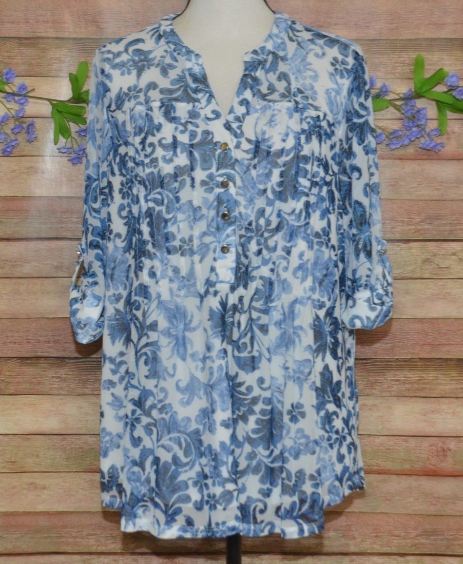Cocomo Womens Blue Tunic Top Plus 2X Pleated Roll Tab Sleeve Flowy Coastal Lined