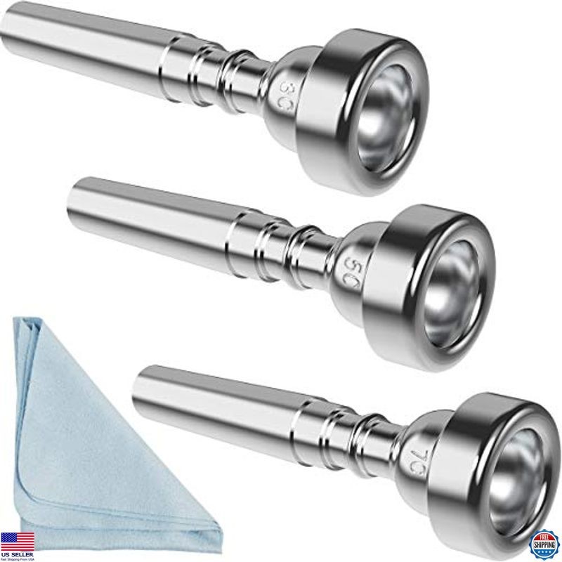 Premium Silver Trumpet Mouthpiece Set - 7C, 5C, 3C with Box & Cloth - 3-Pack