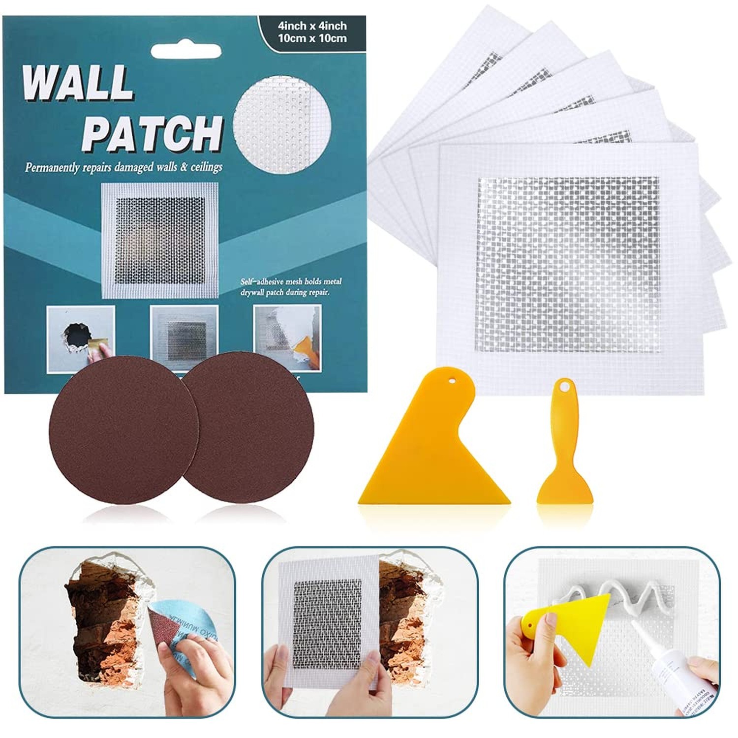 4'' by 4'' Drywall Repair Patch, 5 Pcs Wall Patch Repair Kit, Self Adhesive W...