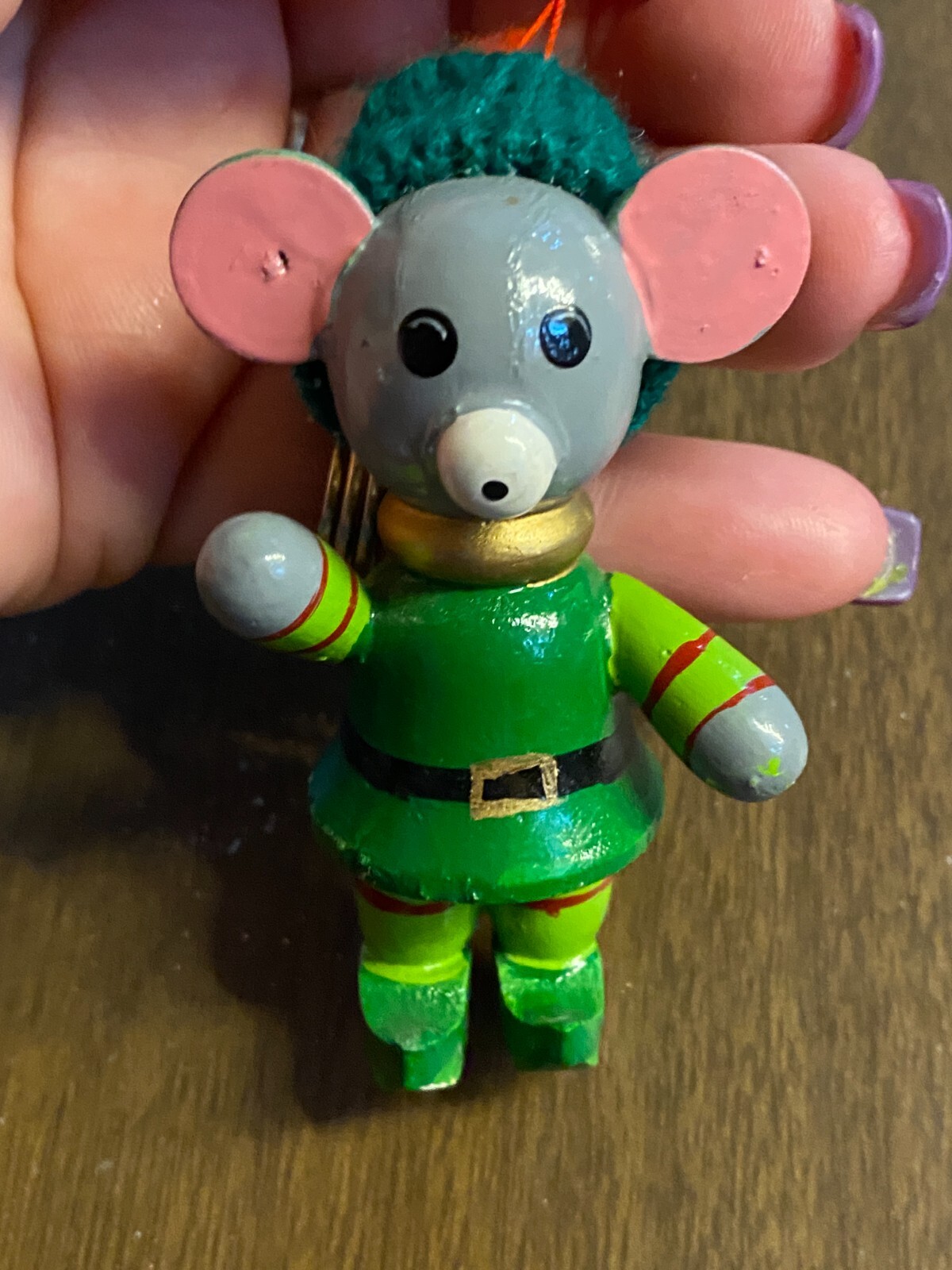 Vintage Fun Farm 1980 Wood Green Mouse Christmas Ornament 3"