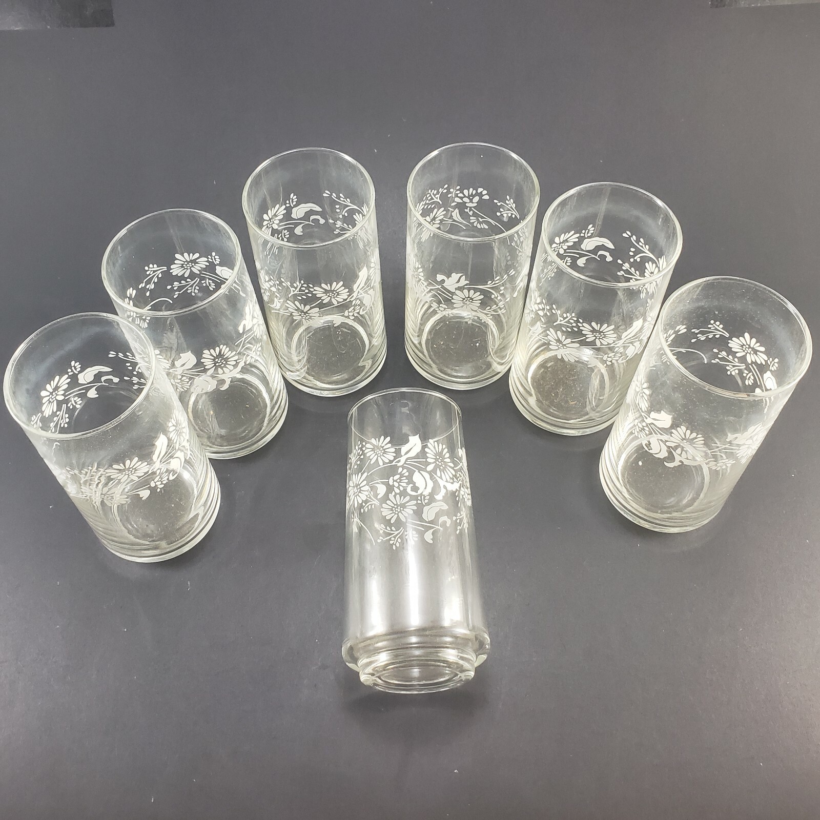 Floral Drinking Juice Glass Tumblers White Flowers 1980s 6" Vintage Set 7   