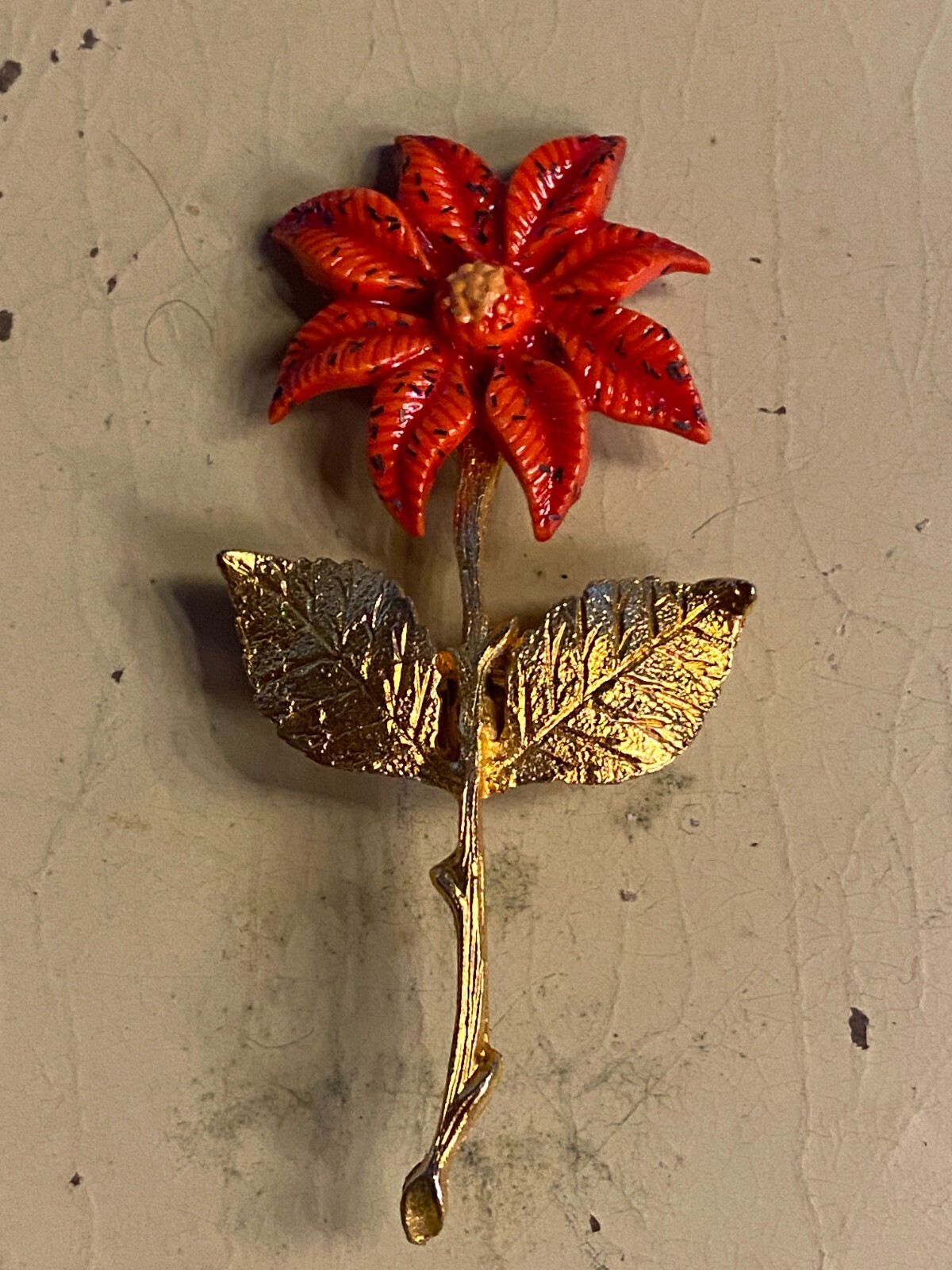 Vintage Silver tone Red Enamel Flower Religious Pin Brooch 2 1/2"