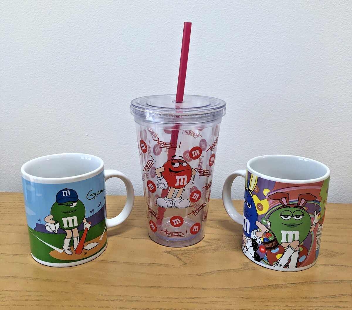 Vintage GALERIE M&M Baseball & Easter Coffee Mugs & RED M&M Tumbler With Straw