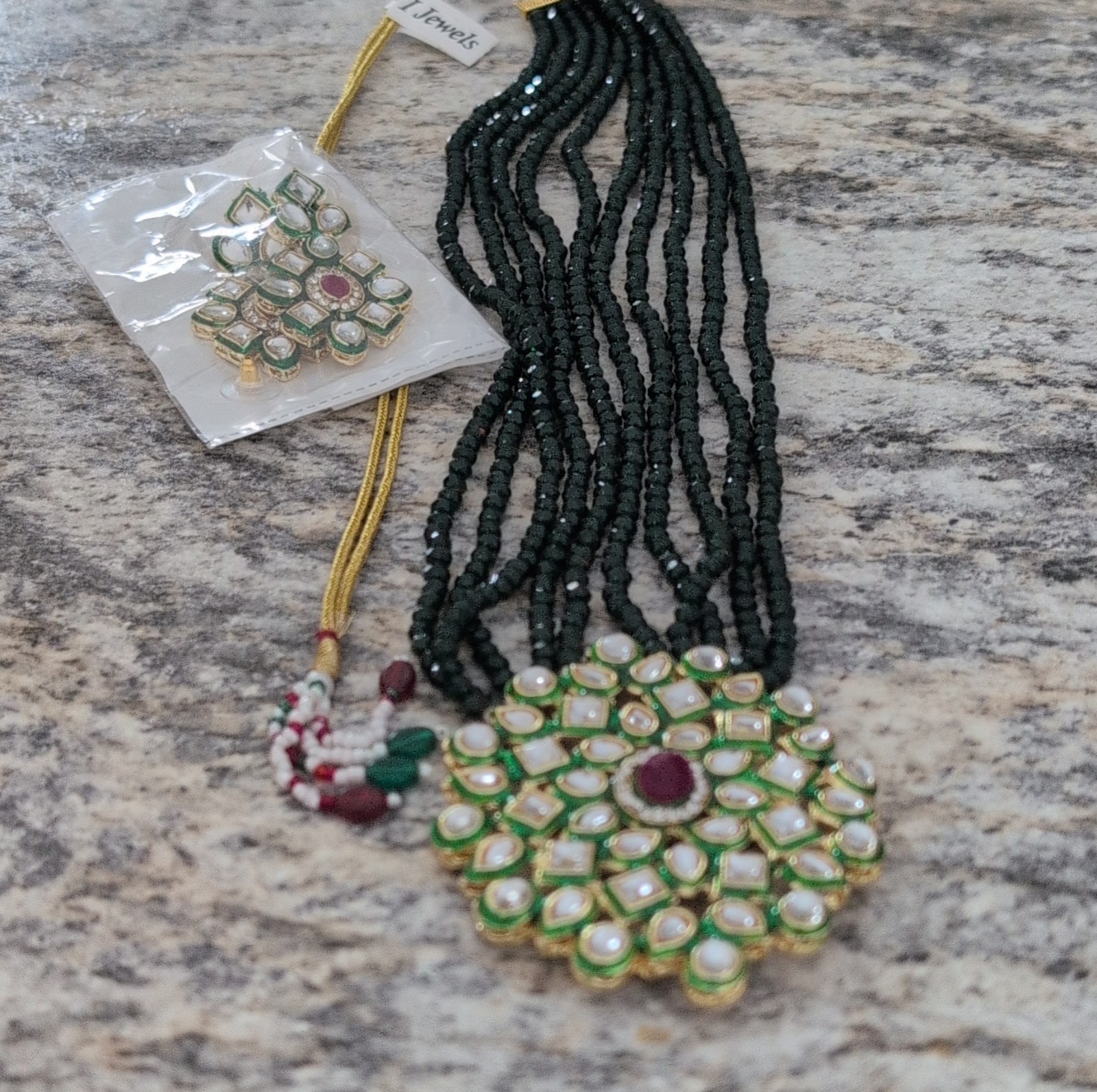 I Jewels Ethnic Green Gold Plated Pearl Beaded Adjustable Necklace Earrings Set