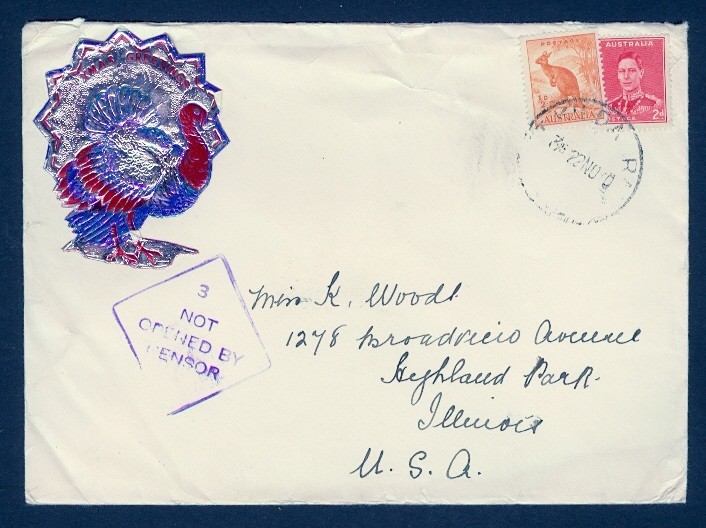 AUSTRALIA 1940 NOT OPENED BY CENSOR 3 w/RED CROSS APPEAL LABEL TO USA