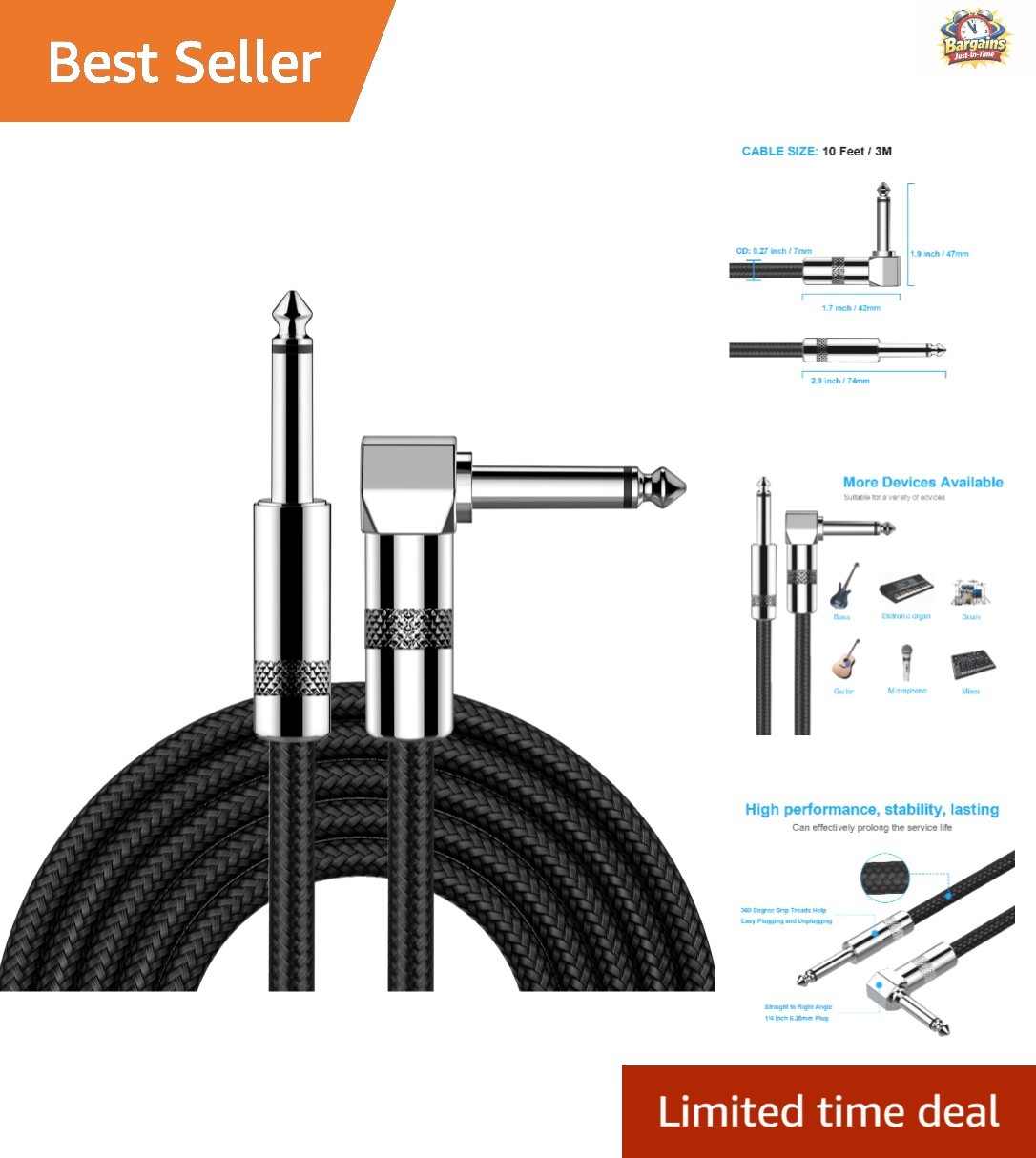 Professional 10ft Guitar Cable with Right Angle Connectors for Low Noise Sound