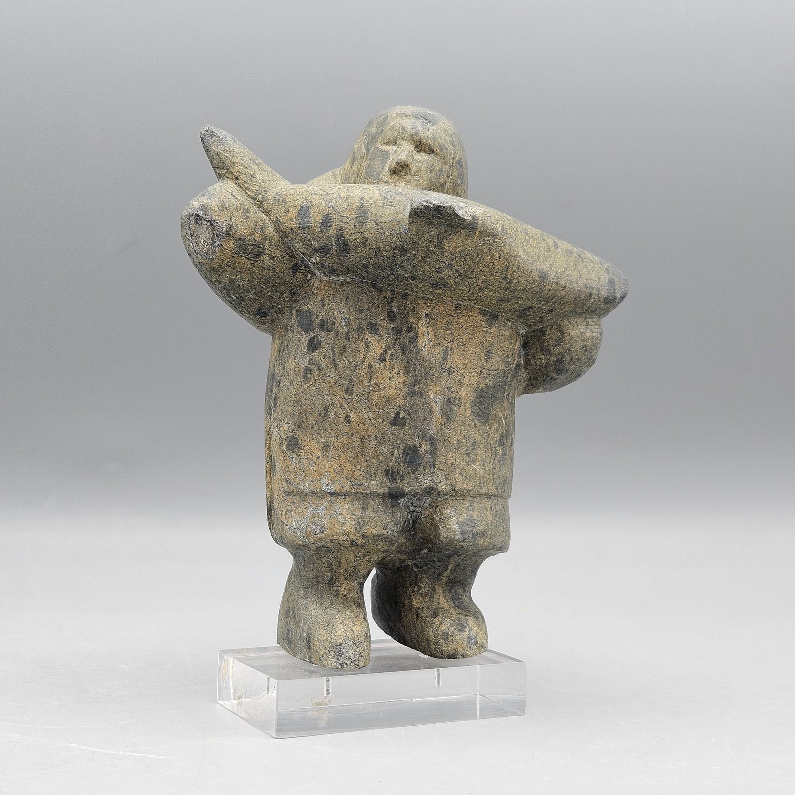 Inuit Stone Sculpture Hunter with Seal on Lucite Base