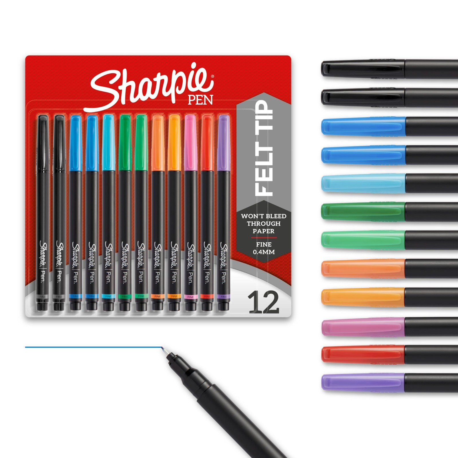 Sharpie Felt Tip Pens, Fine Point Pens (0.4mm), 12 Count, Assorted Colors 