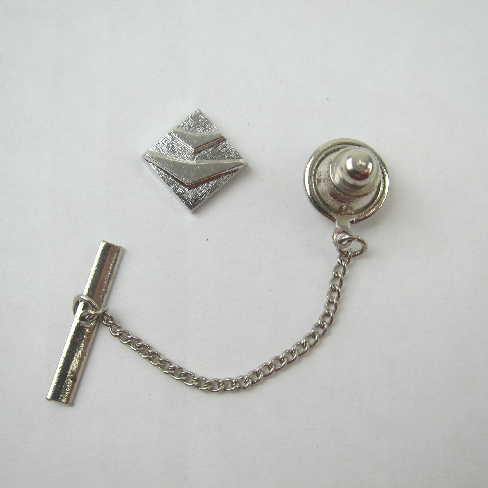 Vintage Tie Tack Lapel Pin Sarah Coventry Sterling Silver Square Triangles Chain