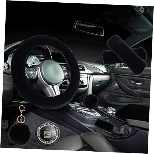  1 Set 8 Pieces Fluffy Steering Wheel Cover Set,Warm Soft Fuzzy Steering Black