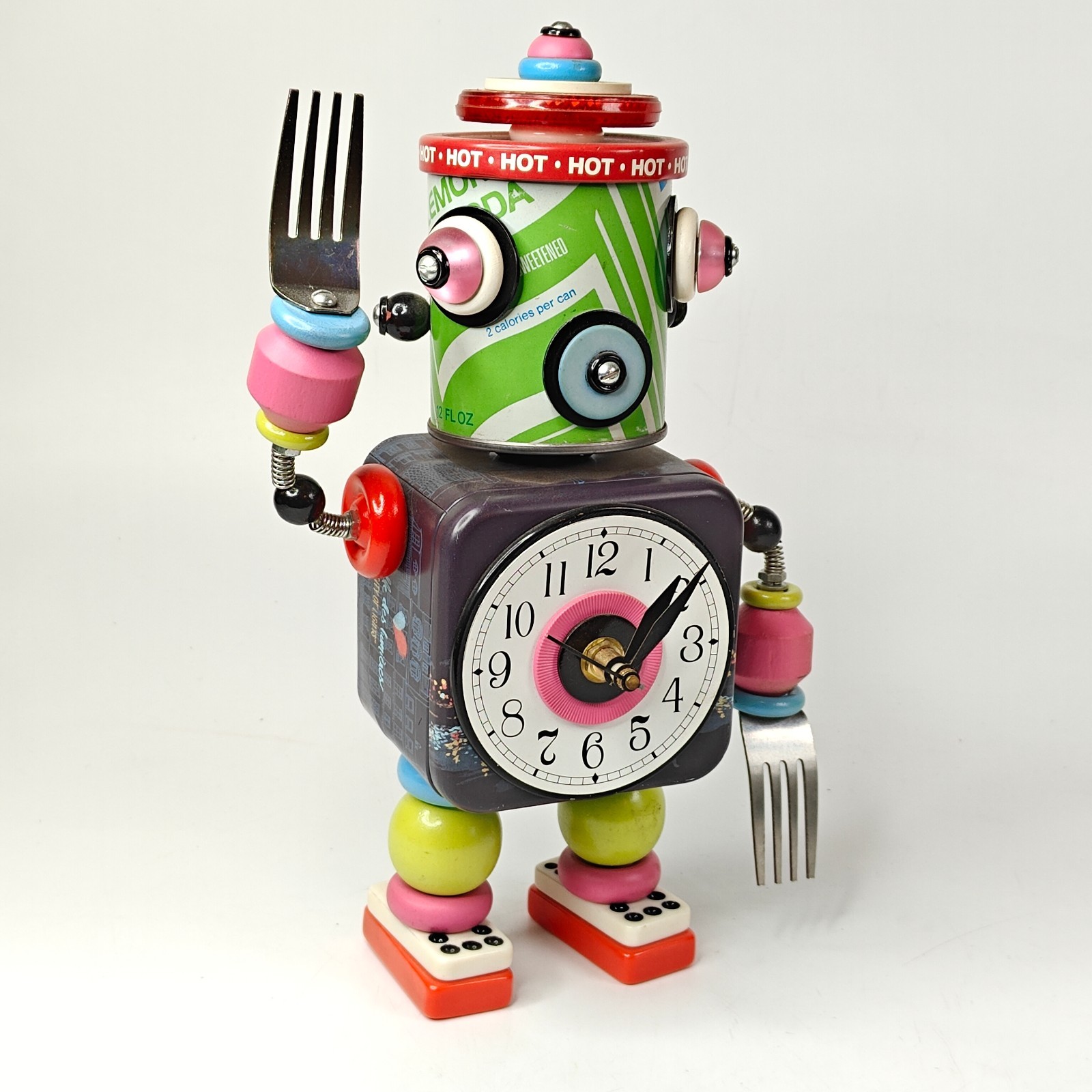 Boss Brown B2 Robot Desk Clock Found Junk Art Mixed Media Domino Soda cAN Fork
