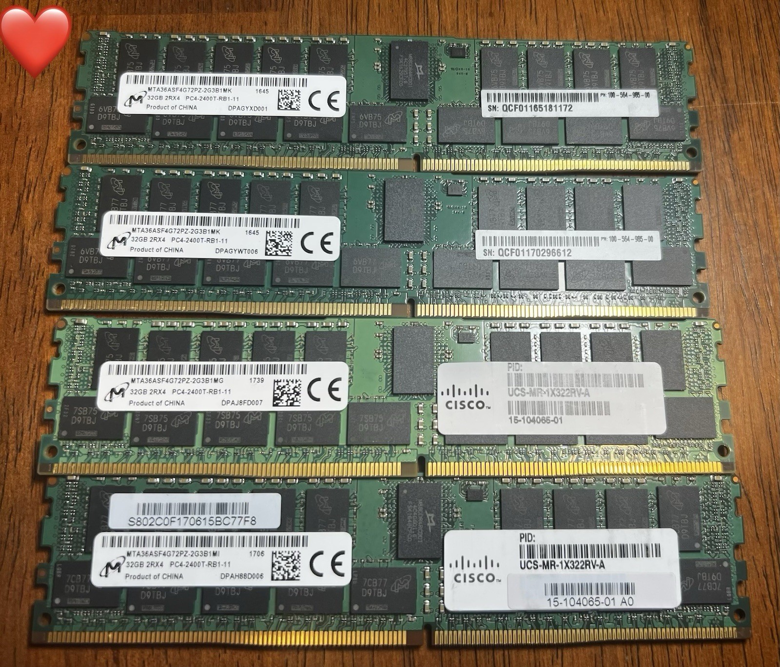 128GB (4x32GB) Micron DDR4 ECC RDIMM 2400T PC4-2400T Server