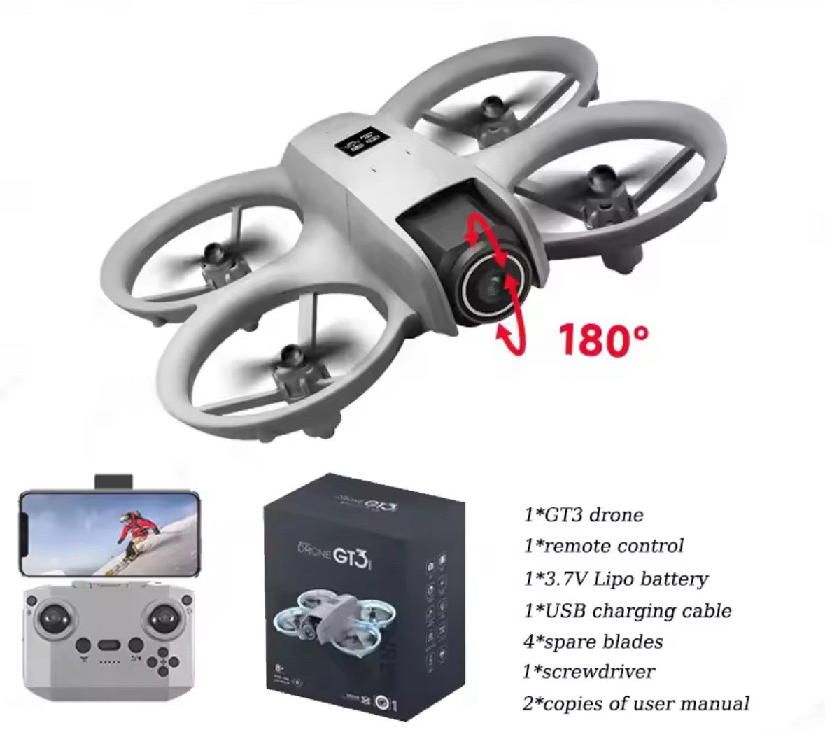 2026GT3 Mini RC Drone, Dual HD Camera, LED Lights, 360° Flip, Obstacle Avoidance