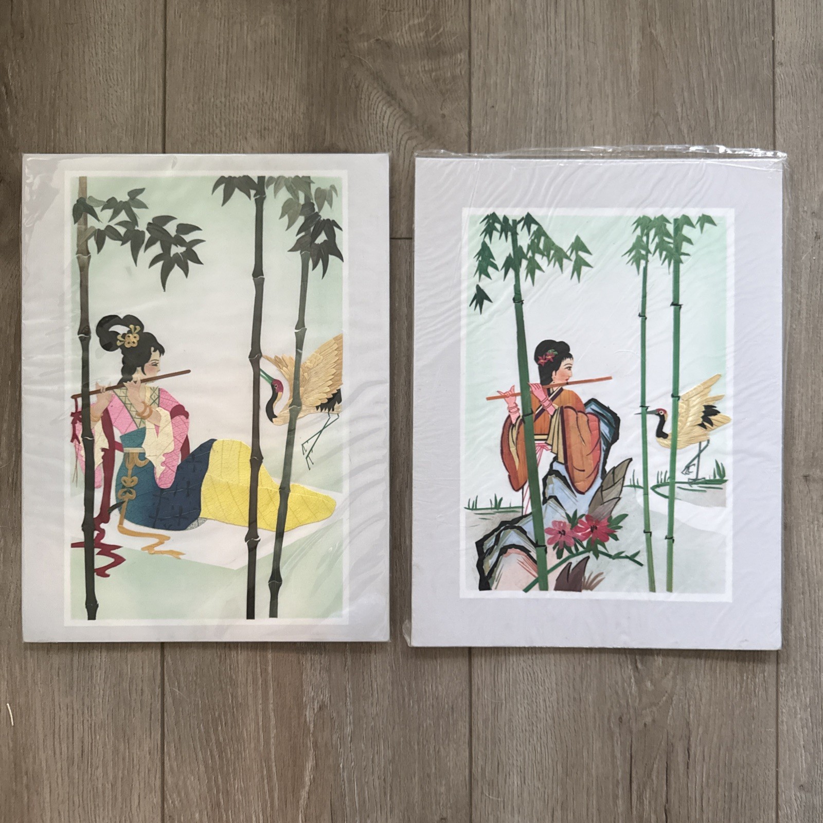 Hand Cut Dyed Stalk On Silk Wall Art w/Geisha and Crane Bird, Pkg Never Opened