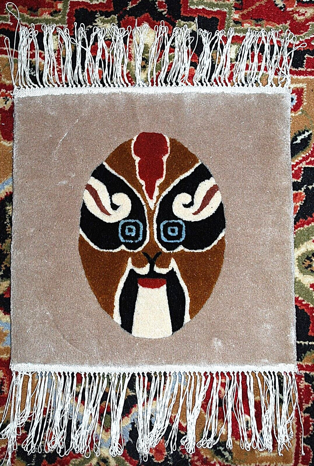 Vtg CHINESE OPERA FACE MASK Authentic HAND KNOTTED 100% SILK CARPET 12"X12.5"