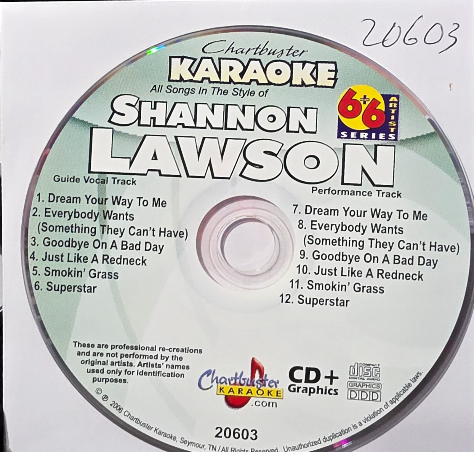 20603  SHANNON LAWSON   CHARTBUSTER  KARAOKE CDG  LOT LONG DRIVE